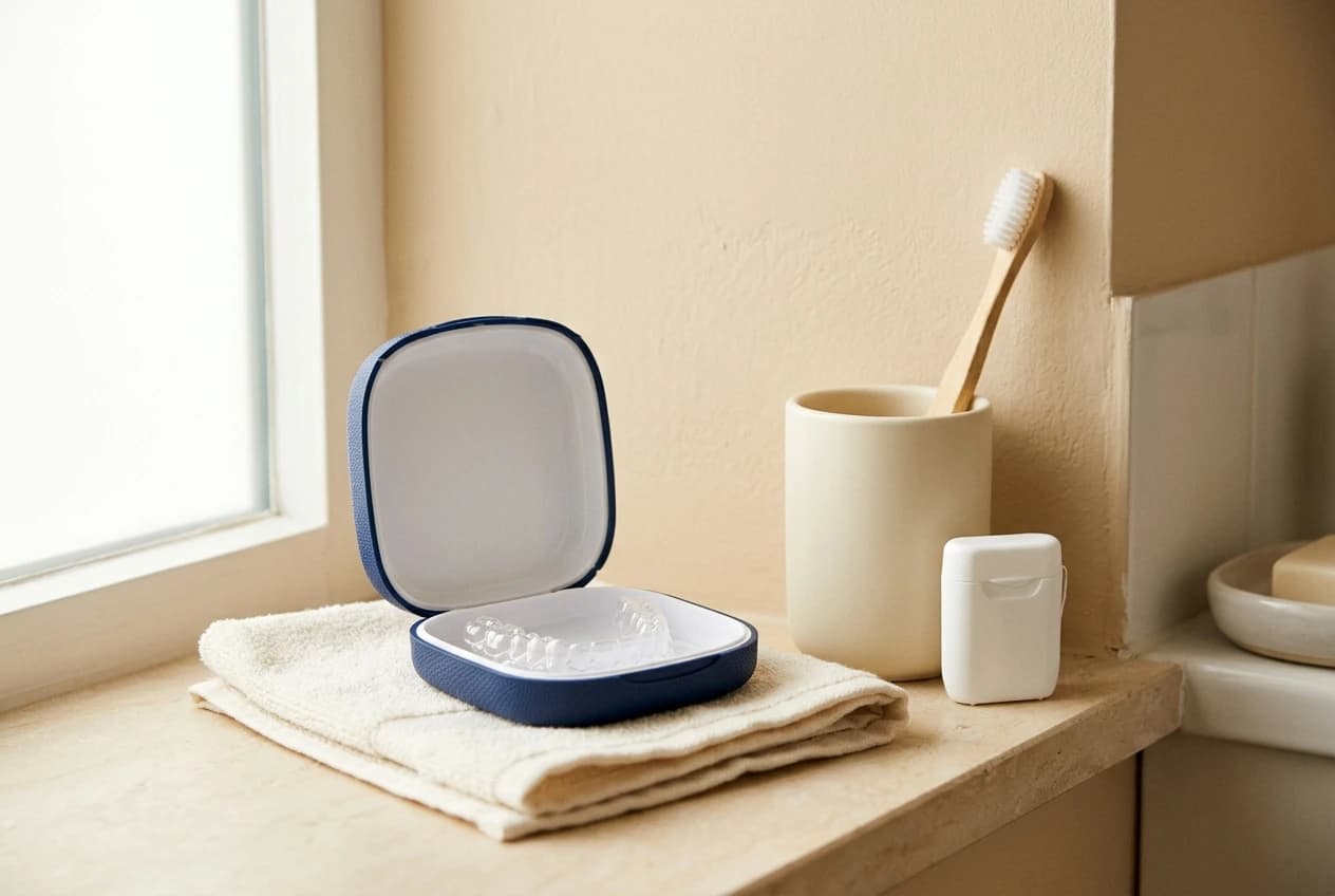 A protective aligner case with a toothbrush and floss for a daily oral-care routine.