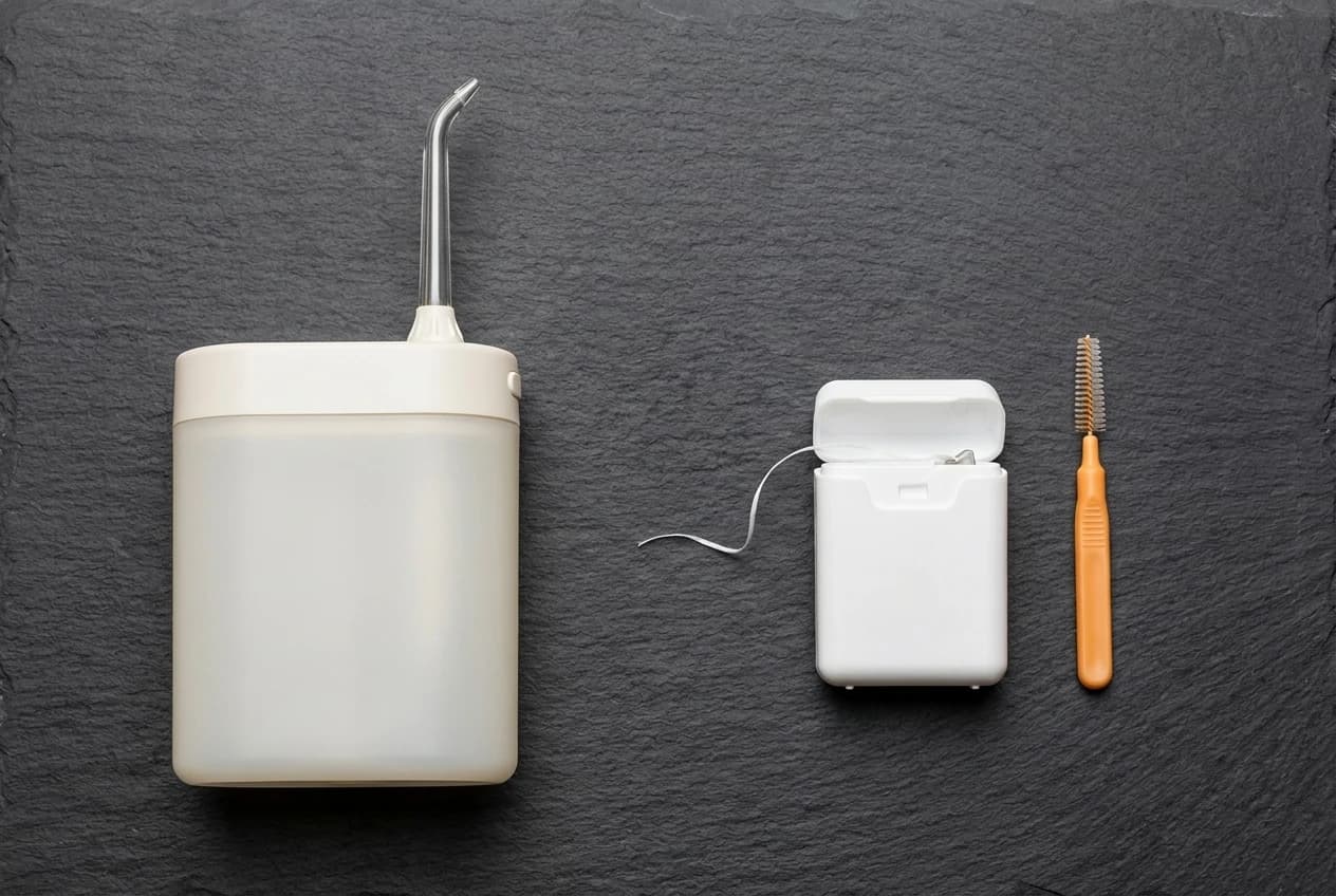 A water flosser, dental floss and an interdental brush illustrating cleaning-tool options for braces.