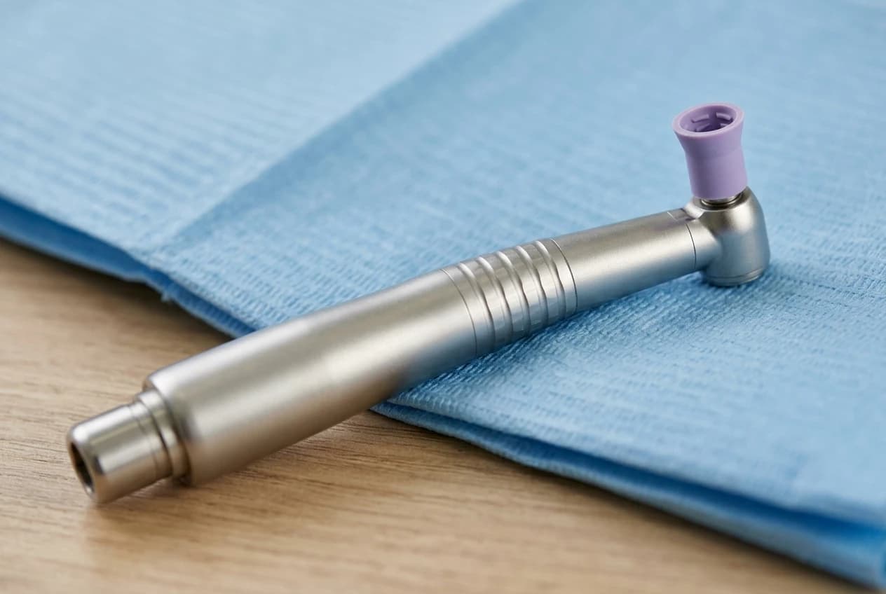 Illustrative close-up of a polishing handpiece used during professional dental cleaning.